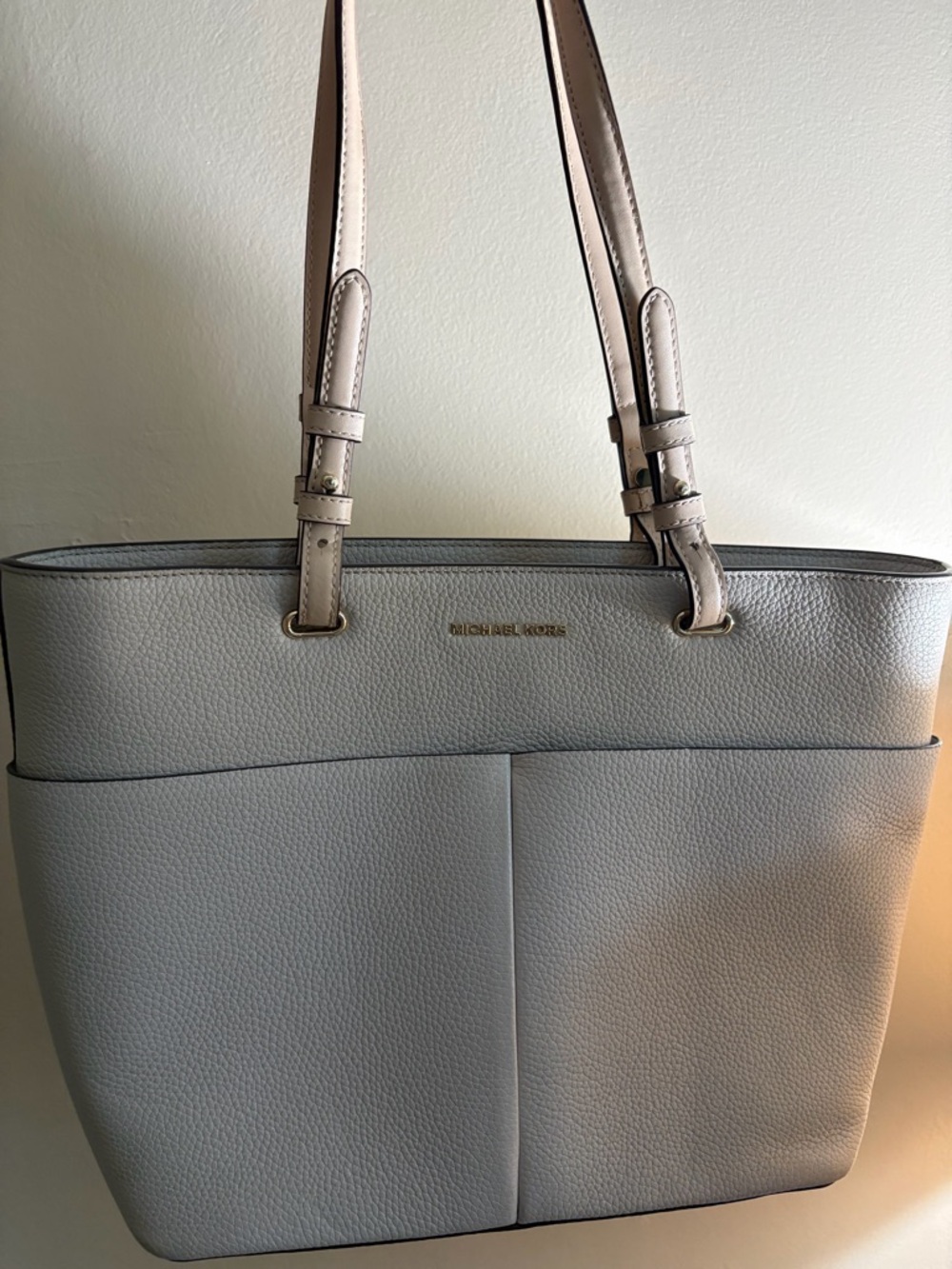 Michael Kors Pebbled Leather Tote in Light Gray with Pale Pink Straps